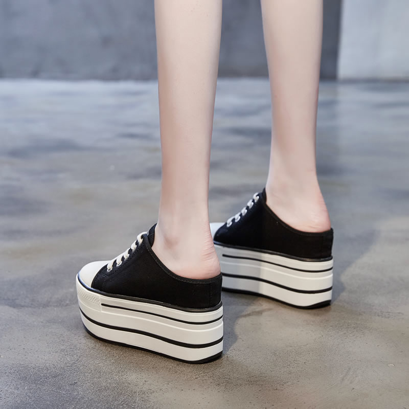 Baotou No heel sails cloth shoes Inner heightening sloth shoes One foot pedal thick bottom pine pastry ultra high heel 12cm Semi slippers female