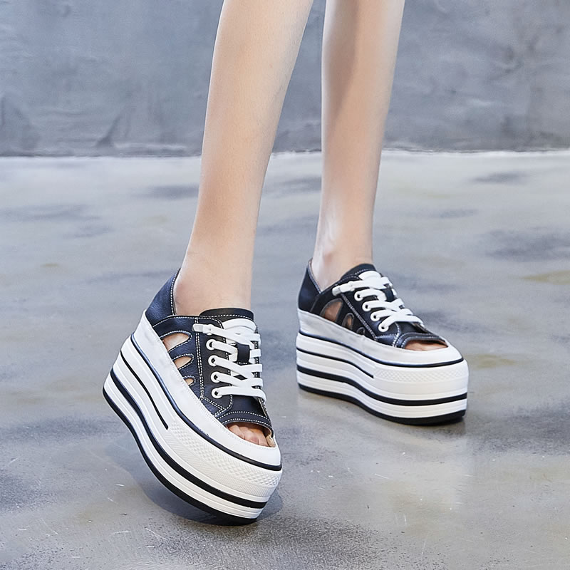 Small white shoes female summer hollowed-out genuine leather Lefu shoes Inner heightening 10cm 100 lap casual thick bottom pine cake a foot pedal sandal