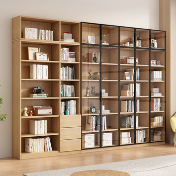 Wooden Bookcase with Glass Doors, Display Wine Cabinet, Home Living Room Integrated Wall-To-Ceiling Bookshelf, Solid Wood Display Cabinet