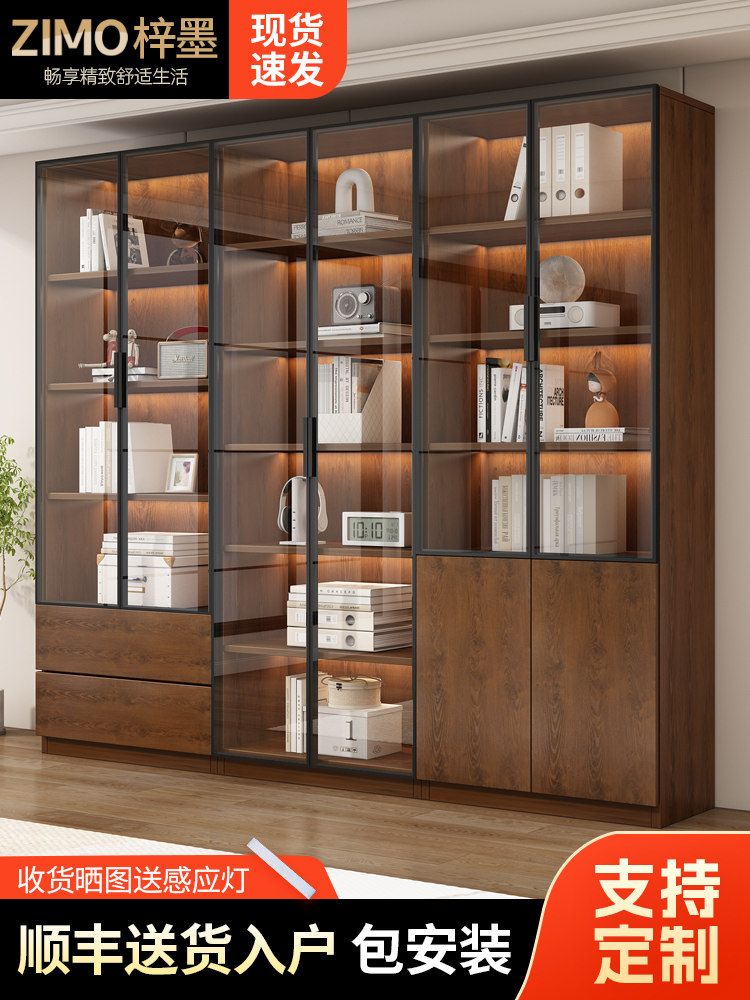 Walnut-Colored Bookcase with Glass Doors, Display Wine Cabinet, Light Luxury Home Living Room Solid Wood Integrated Wall-To-Ceiling Bookshelf