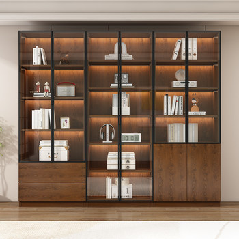Walnut-Colored Bookcase with Glass Doors, Display Wine Cabinet, Light Luxury Home Living Room Solid Wood Integrated Wall-To-Ceiling Bookshelf