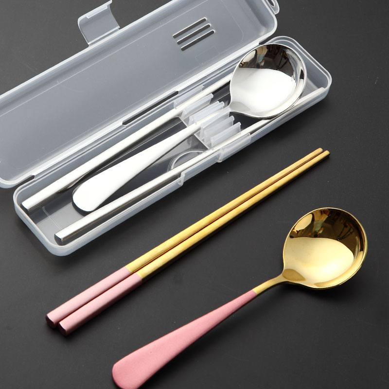 Nordic 304 stainless steel cute round spoon chopsticks compose a human student out for single portable cutlery Three sets