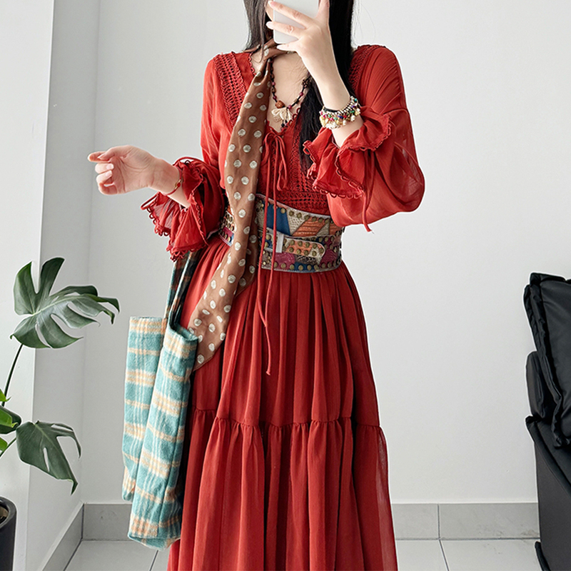 1Chu Big Sale Bohemian Red Deep V-Neck Lace-Up Dress with Lace Trim, Long Dress with Long Sleeves, Suitable for Travel and Tea Breaks