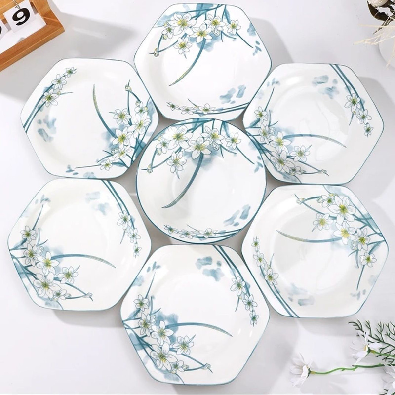 Upgraded Narcissus 7-Piece Household Ceramic Trendy Platter Set Tableware Cooking Plate Hexagonal Plate Upgraded Narcissus 7-Piece Household Ceramic Trendy Platter Set Tableware Cooking Plate Hexagonal Plate