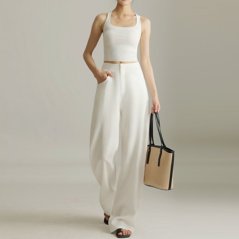 Summer Thin 100% Linen High-Waisted Slimming Curved Wide-Leg Pants Floor-Length White Banana Pants Casual Pants for Women
