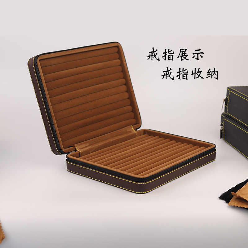 High-End Pu Leather Zipper Double-Open Portable Jewelry Box Ring Necklace Storage Box Multi-Functional Display Box