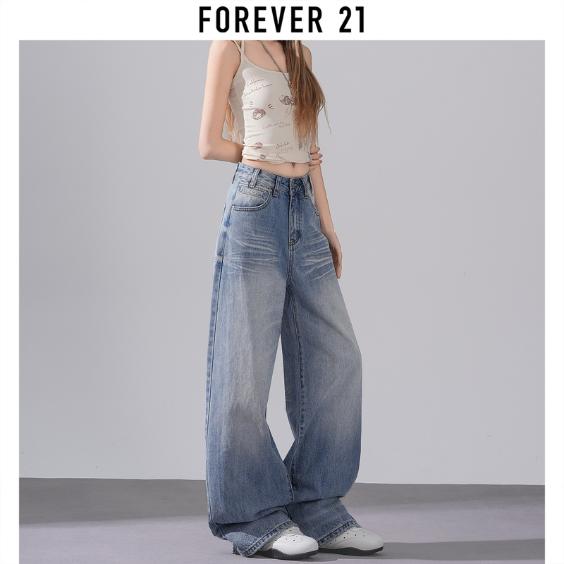 Forever 21 High-Waisted Retro Washed Jeans for Women, 2026 Summer New Straight-Leg Floor-Length Slimming Pants