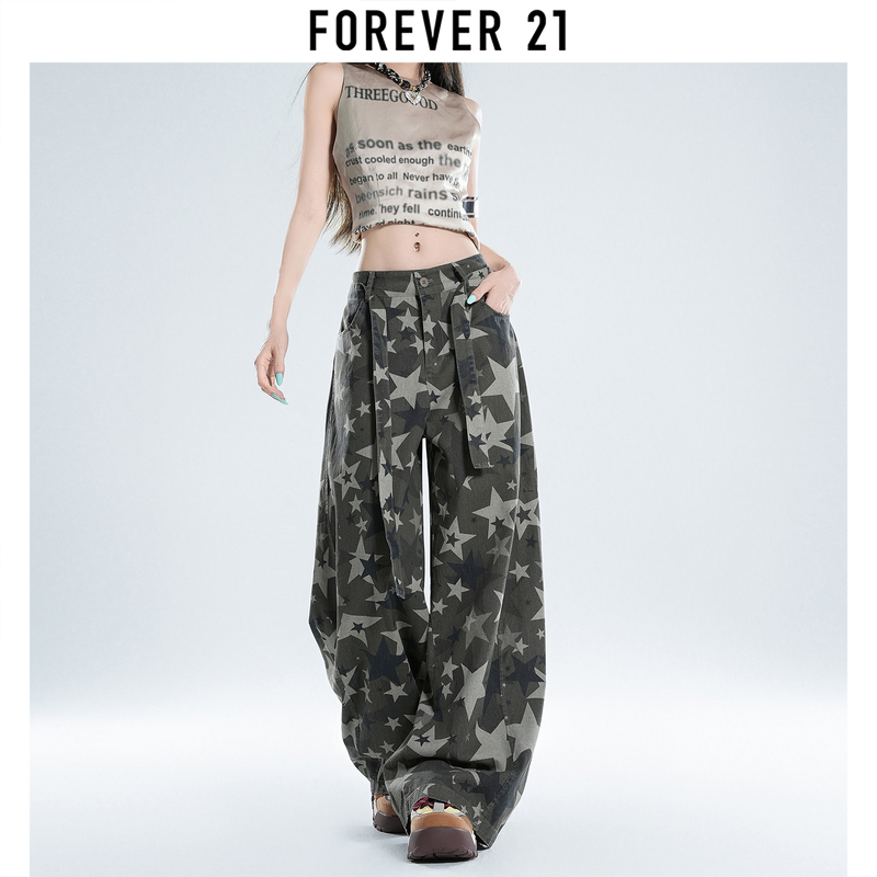 Forever 21 American-Style Star Print Denim Curved Pants for Women, New Summer Style, Drapey Wide-Leg Workwear Camouflage Pants Forever 21 American-Style Star Print Denim Curved Pants for Women, New Summer Style, Drapey Wide-Leg Workwear Camouflage Pants