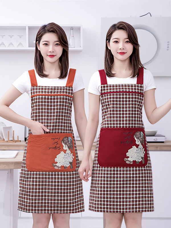 Korean Style Women's Fashionable Gauze Cotton Apron for Home Kitchen Cooking, New Stylish Plaid Breathable Suspender Apron