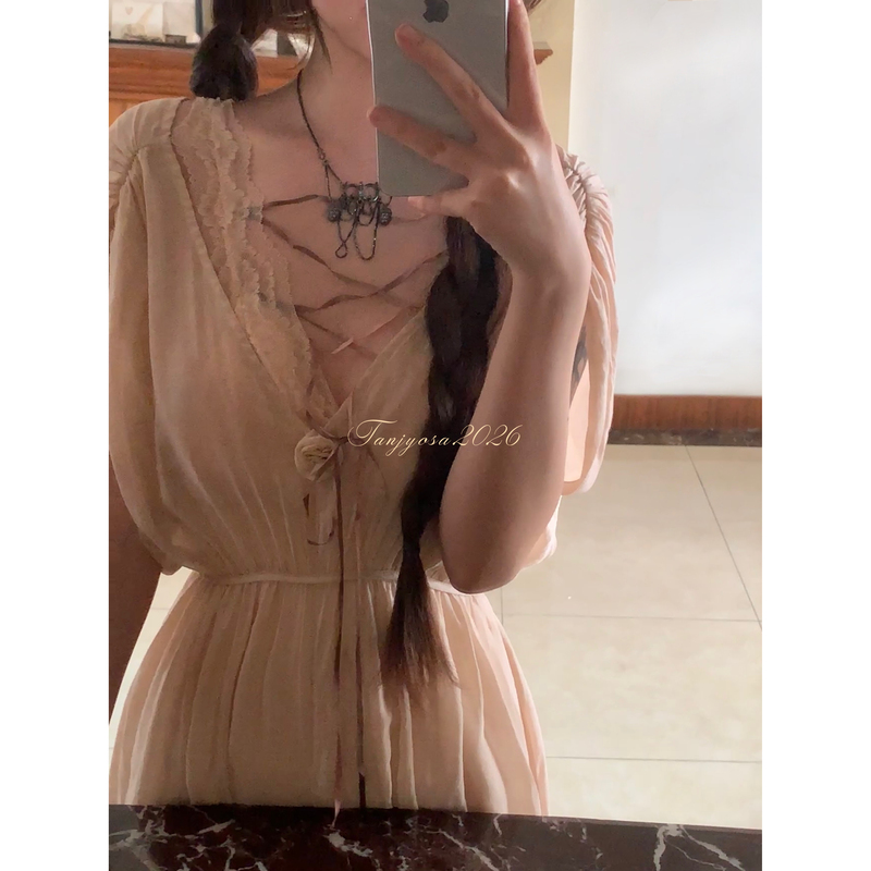 Dark-Toned Rose in the City of Tanjyosa, Ancient Greek Two-Piece Dress Set with Apricot Lace Straps
