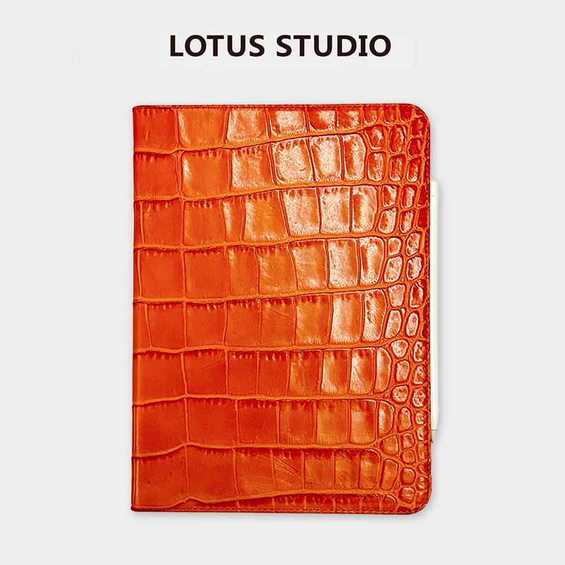 Retro Orange Cowhide Embossed Crocodile Pattern Suitable for iPad Protective Case Apple Pro 11inch Tablet All-Inclusive Soft Shell Min6/7 Sleep Mode Personalized Original Design Genuine Leather Protective Case
