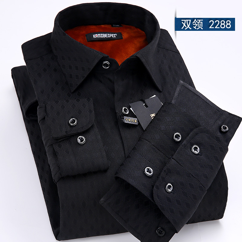 Cổ áo nam có thể tháo rời cộng với nhung dày cổ áo đôi tay áo ấm áo béo XL XL áo sơ mi nam trung niên béo áo sơ mi cộc tay nam