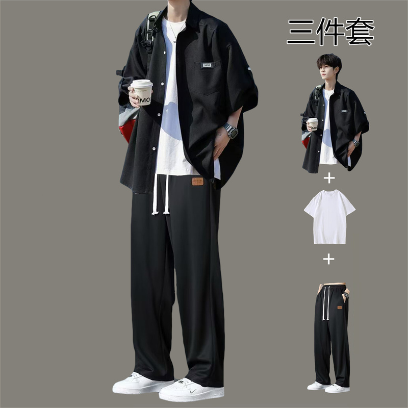 Thin Three-Piece Men's Suit, Summer Loose and Trendy Men's Outfit, Handsome Ice Silk Short-Sleeved Shirt and Casual Pants