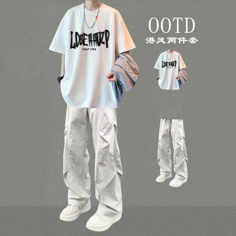 2026 New Summer Men's Loose-Fitting Two-Piece Set for Teenagers, Casual Sports Suit, Student Short-Sleeved T-Shirt and Long Pants