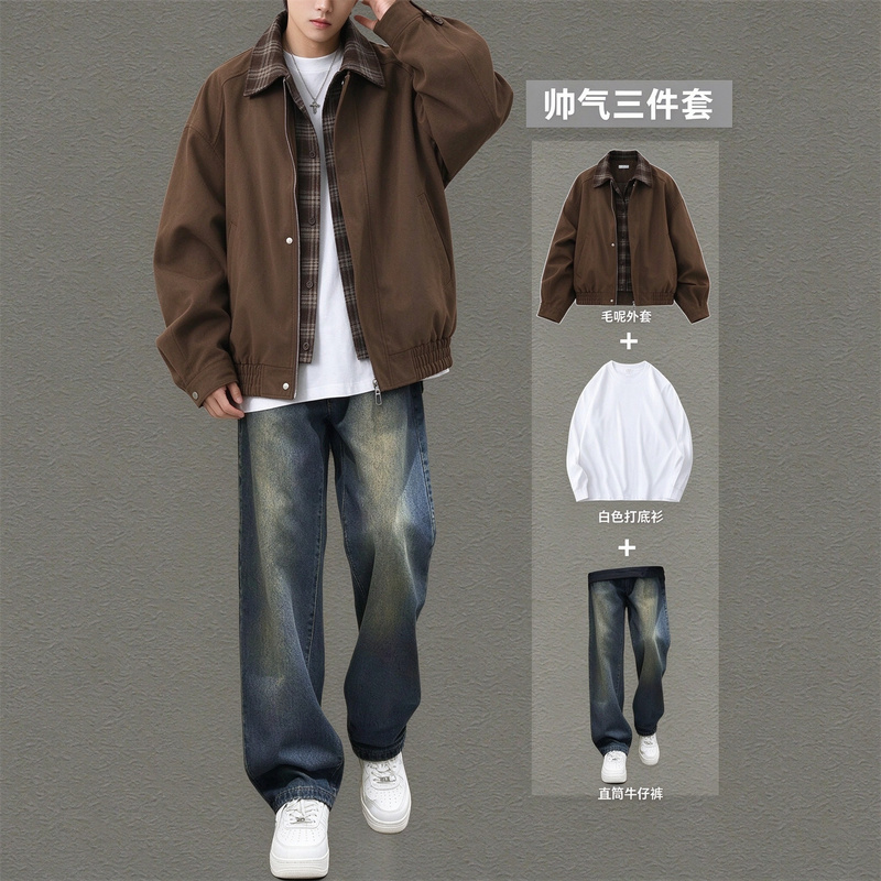 Autumn and Winter Trendy Men's Outfits, a Complete Set of High-End Fashionable Fake Two-Piece Jackets Paired with a Three-Piece Men's Suit Autumn and Winter Trendy Men's Outfits, a Complete Set of High-End Fashionable Fake Two-Piece Jackets Paired with a Three-Piece Men's Suit