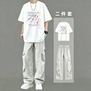 2026 New Short-Sleeved T-Shirt Men's Loose Two-Piece Set Youth Casual Sports Suit Male Student Complete Set