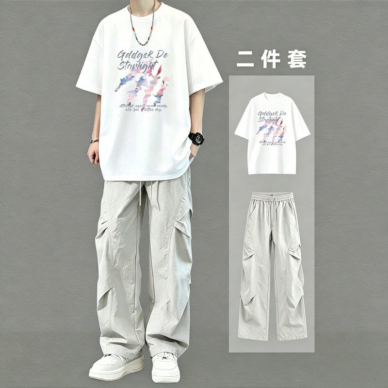 2026 New Short-Sleeved T-Shirt Men's Loose Two-Piece Set Youth Casual Sports Suit Male Student Complete Set