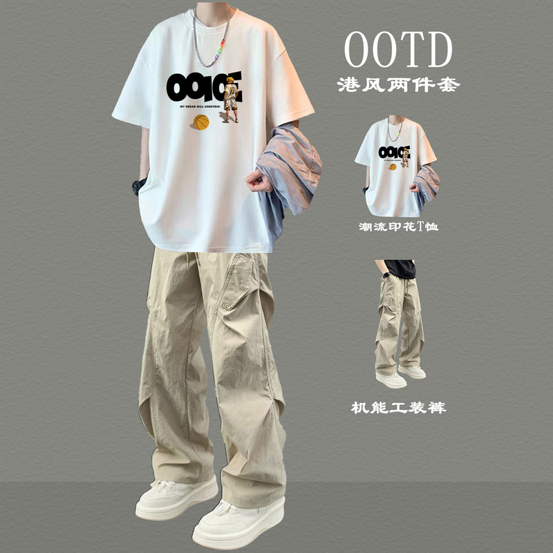 Summer Boys' Pure Cotton Short-Sleeved T-Shirt Two-Piece Set for Teenagers New Hong Kong Style Men's Loose Casual Fashion Suit