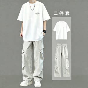 Handsome Matching Pure Cotton Short-Sleeved T-Shirt Men's Suit, Summer Youth Casual Cool and Trendy Two-Piece Outfit
