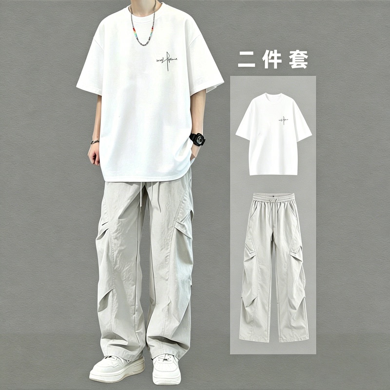 Handsome Matching Pure Cotton Short-Sleeved T-Shirt Men's Suit, Summer Youth Casual Cool and Trendy Two-Piece Outfit Handsome Matching Pure Cotton Short-Sleeved T-Shirt Men's Suit, Summer Youth Casual Cool and Trendy Two-Piece Outfit