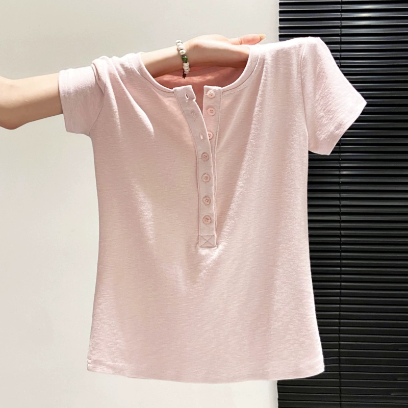 Brand Export~ Cut-Label Surplus American Retro Henry Collar Button Short-Sleeve T-Shirt for Women, Slim Fit, Versatile Top