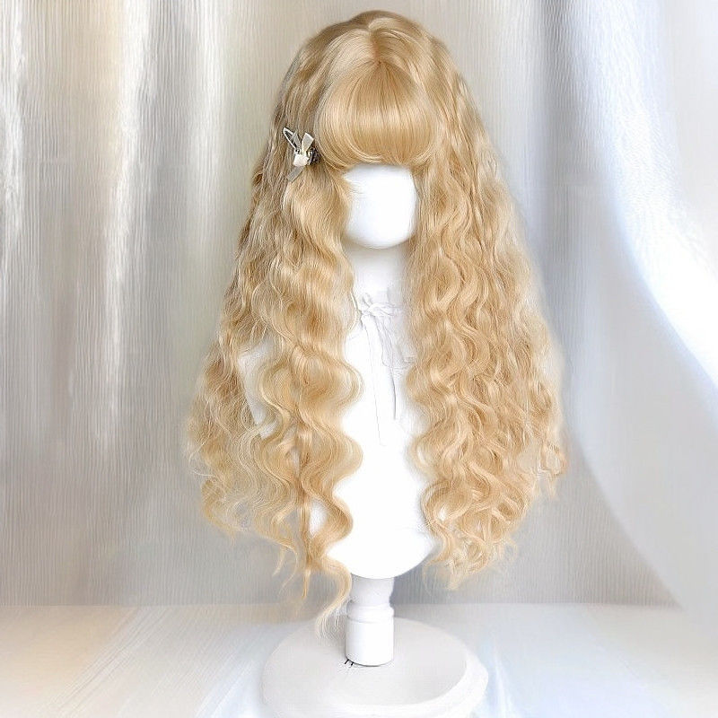 Wig - Angelic Golden Wool Curl Wig Gothic Lolita Fluffy Bangs Long Hair | Black Gold Girl |