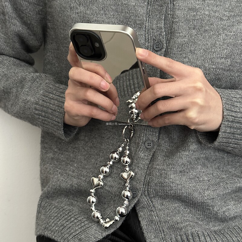 Casual Cold Style Electroplated Silver Mirror Case 16 Suitable for iPhone 15 Pro Max Mobile Phone Case Beaded Chain 14Pm Apple 12 Popular 13Pro High-End Protective Cover