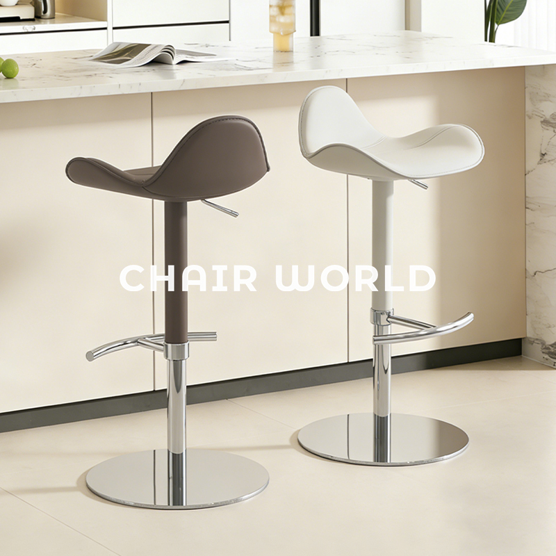 Designer Stainless Steel Bar Stool with Backrest, Italian Light Luxury Minimalist Style, Rotatable and Height-Adjustable Saddle Leather High Stool Designer Stainless Steel Bar Stool with Backrest, Italian Light Luxury Minimalist Style, Rotatable and Height-Adjustable Saddle Leather High Stool