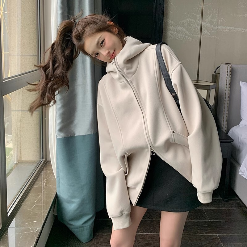 2024 Spring and Autumn American Retro Loose Hooded Sweatshirt for Women, Heavyweight Solid Color Double Zipper Couple Cardigan Jacket Top