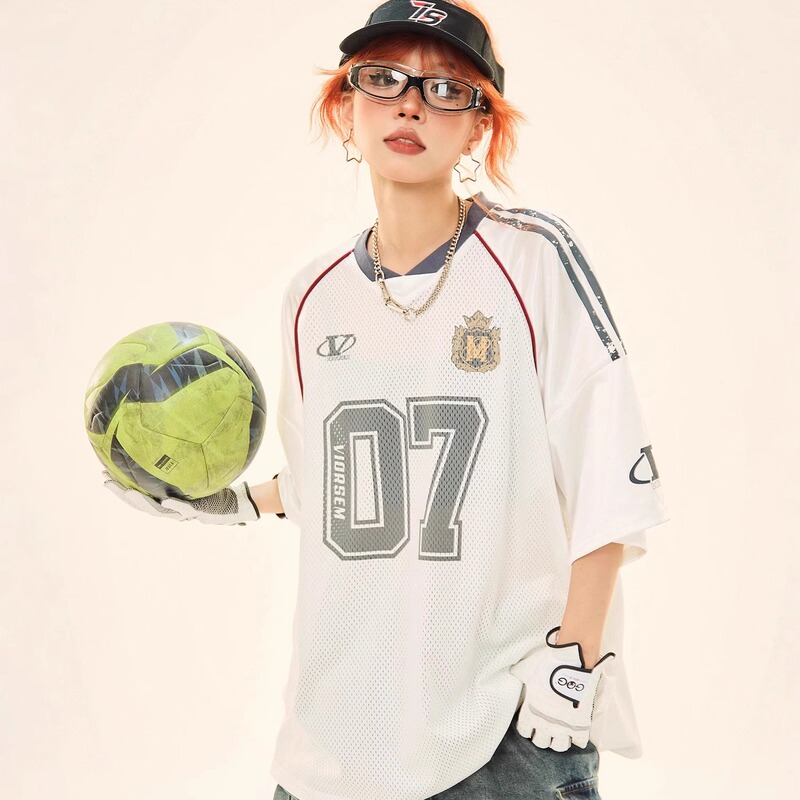 American Street Style Mesh Short-Sleeve T-Shirt for Women, Trendy Brand Letter Print, Couple's Loose Jersey, Niche Top