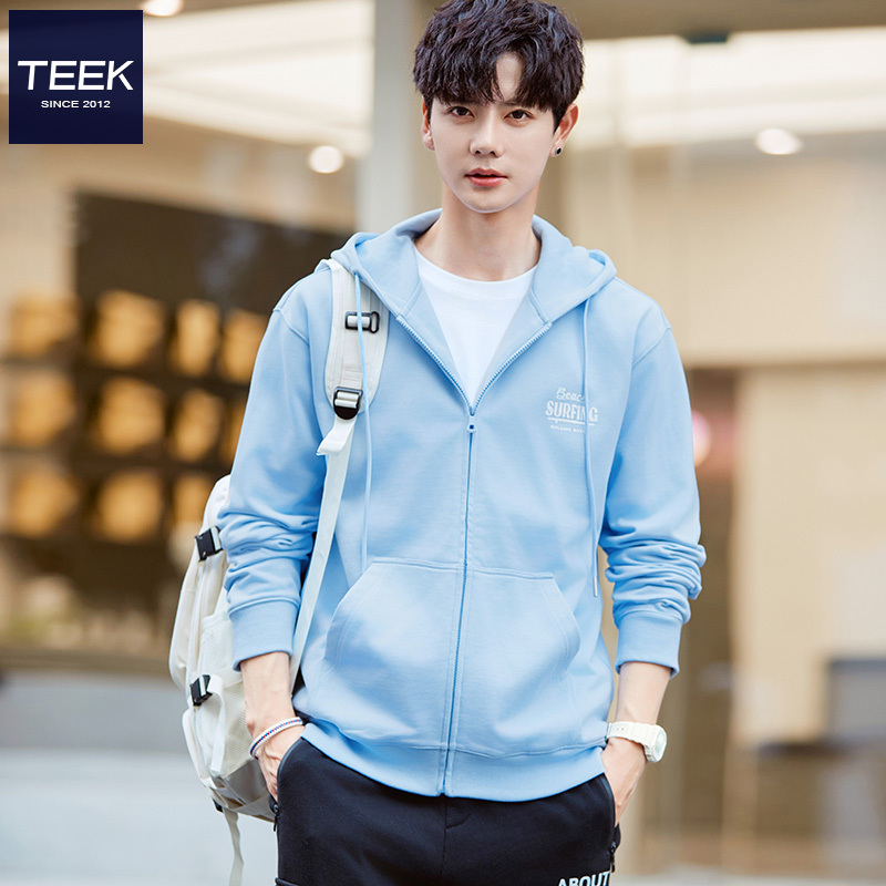 Teek Light Blue Hooded Sweatshirt Men's Spring Cardigan Zipper Hoodie Youth Pure Cotton Top Jacket