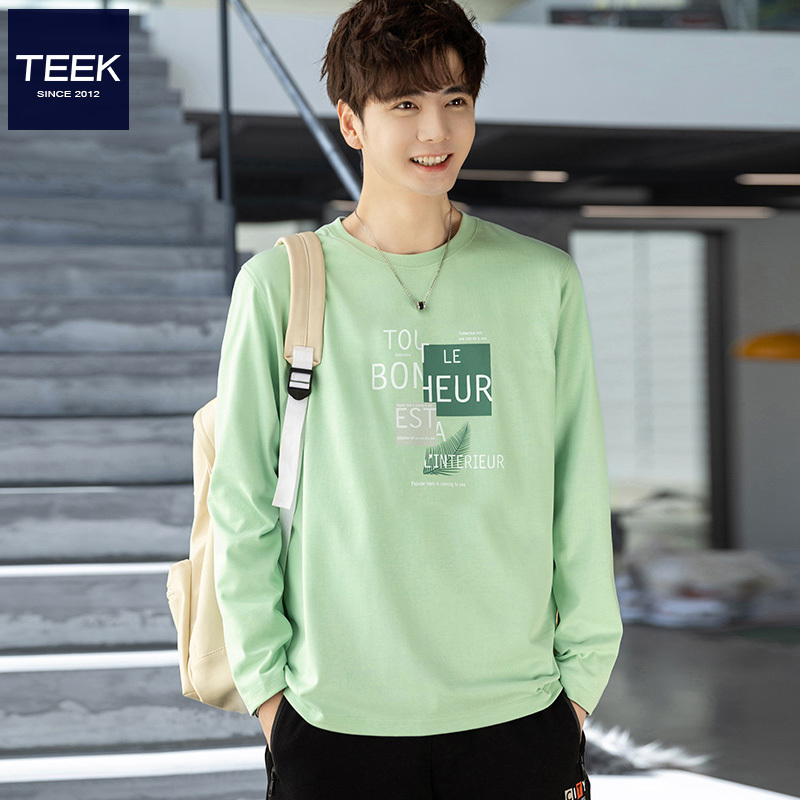 Teek Spring Light Green Long-Sleeved Men's T-Shirt, Trendy Inner Wear, Autumn Clothing, Handsome Spring Base Shirt for Teenagers