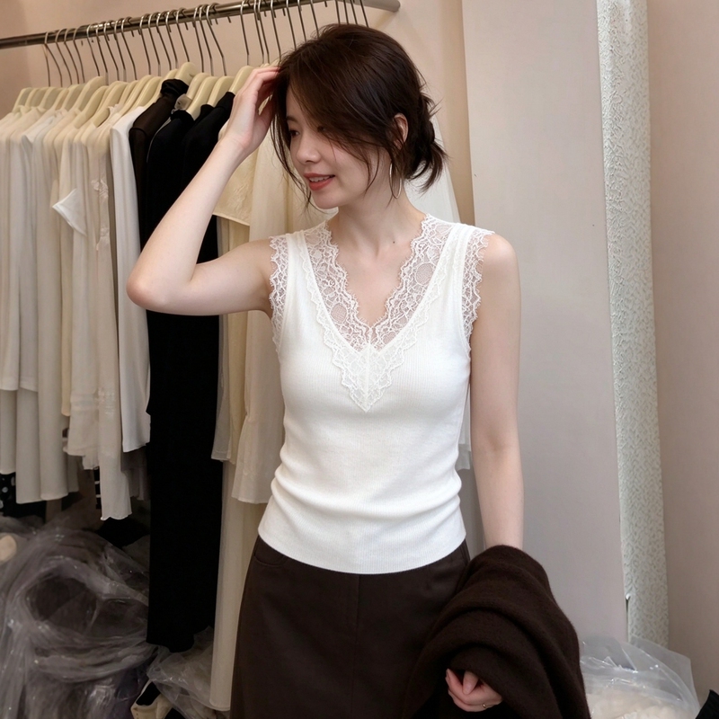 Plus-Size French Lace V-Neck White Knitted Vest for Women, Autumn Inner Layer Base Shirt, Elegant Sleeveless Top for Curvy Women Plus-Size French Lace V-Neck White Knitted Vest for Women, Autumn Inner Layer Base Shirt, Elegant Sleeveless Top for Curvy Women