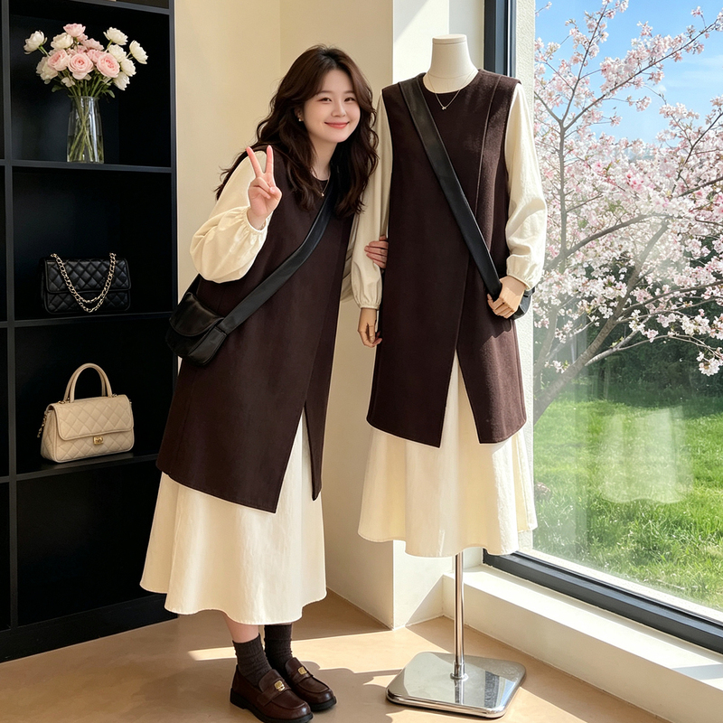 Plus-Size Elegant Layered Faux Two-Piece Dress for Women, Autumn, Loose Fit for Pear-Shaped Body, Slimming Dress