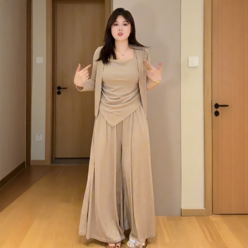 Plus-Size Lazy Irregular Camisole Sun-Protective Cardigan Wide-Leg Pants with Drape Effect, Slimming and Concealing, Widened Three-Piece Set for Women