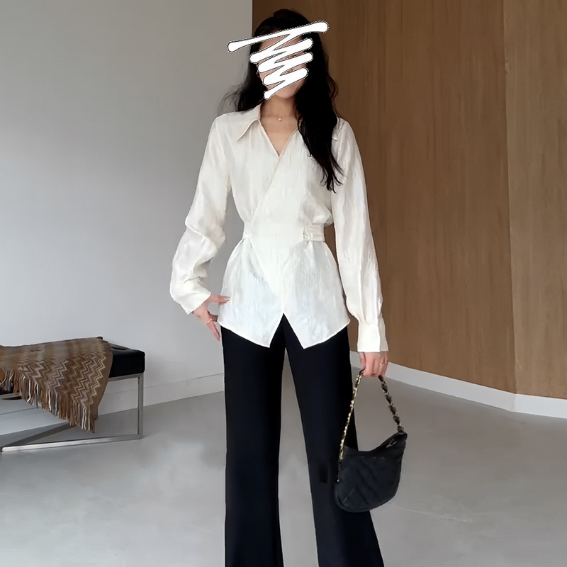 Plus-Size Women's Clothing with a Hong Kong-Style Design, Irregular Waist-Cinching Shirt, New Autumn Model, Fat-Friendly, Slimming Shirt Top Plus-Size Women's Clothing with a Hong Kong-Style Design, Irregular Waist-Cinching Shirt, New Autumn Model, Fat-Friendly, Slimming Shirt Top