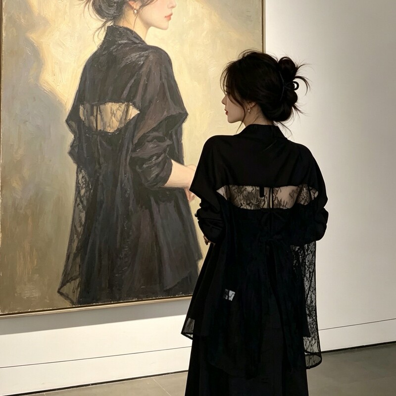 Plus-Size Women's Fashion Lace Bow Sun-Protective Shirt, Summer Loose-Fitting Slimming Black Blouse Top