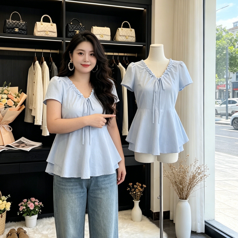 Plus Size Women's Ruffled Drawstring Short-Sleeve Blue Shirt Summer Top for Slightly Chubby Women, Waist-Cinching Slimming Shirt