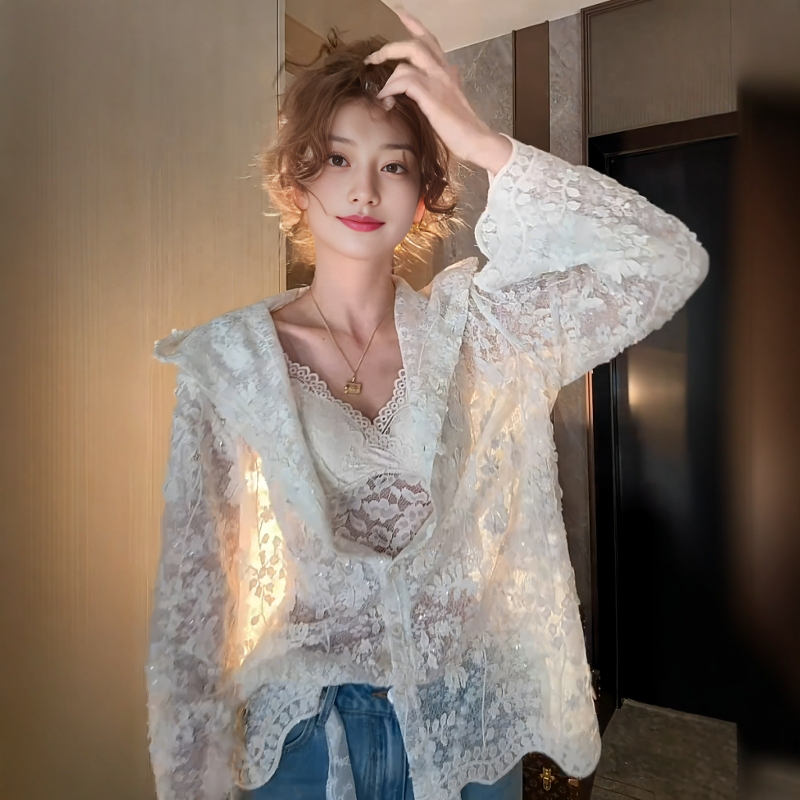 Plus-Size French Lace Hollow-Out Long-Sleeve Sun-Protective Chiffon Blouse for Women, Early Spring New Style, Loose and Slimming Outerwear for Chubby Women Plus-Size French Lace Hollow-Out Long-Sleeve Sun-Protective Chiffon Blouse for Women, Early Spring New Style, Loose and Slimming Outerwear for Chubby Women