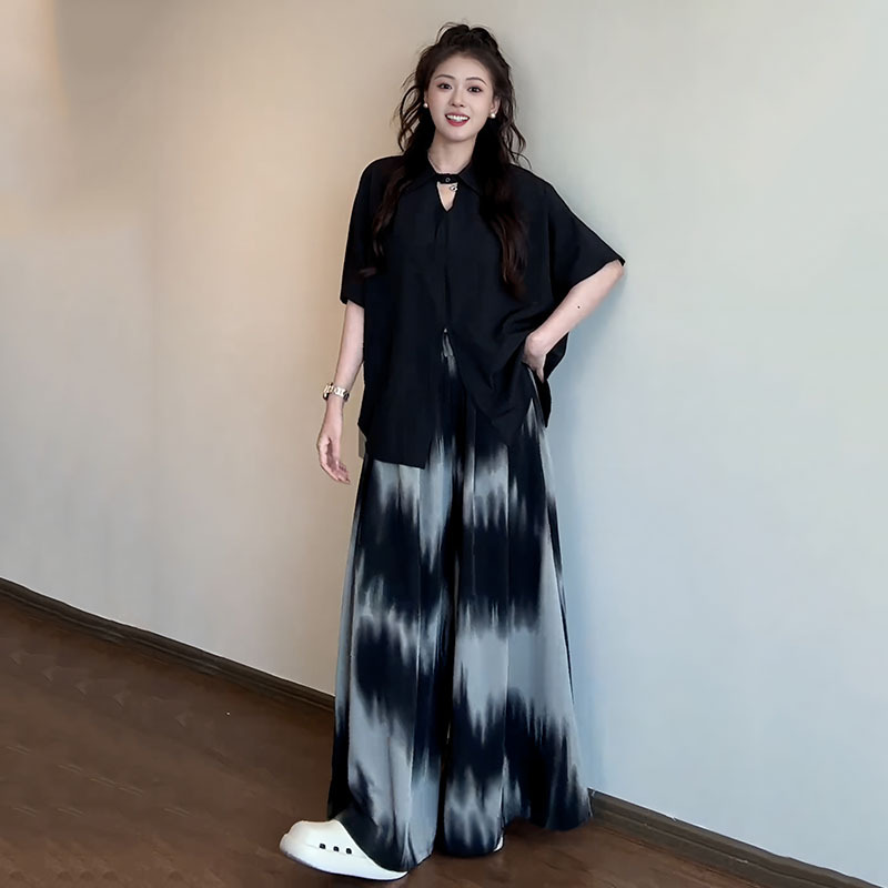 Plus-Size New Chinese-Style Suit, Black Short-Sleeved Shirt and Pants Two-Piece Set for Women, Slimming Summer Outfit for Fat Women