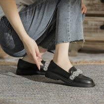 British style small leather shoes women 2021 New thick-soled shallow single shoes retro Mary Jane rhinestone beaded loafers