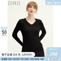 (Good goods recommended)JESSIE autumn new V-neck slim slim commuter knitted sweater JGFGM243