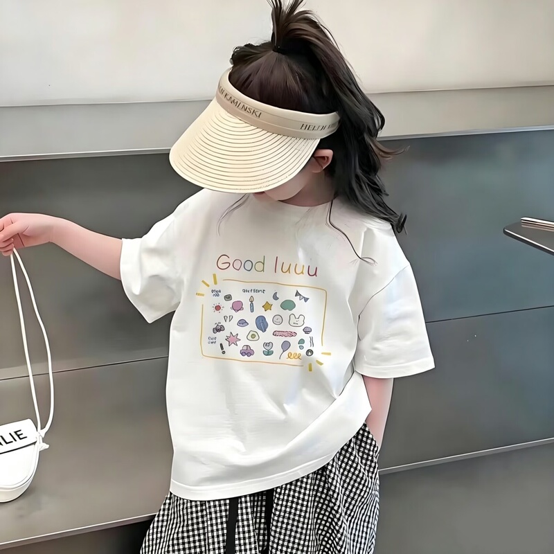 Girls' Pure Cotton 2026 New Stylish Cartoon Short-Sleeve T-Shirt, Summer Loose Versatile Top for Older Children, Trendy for Students Girls' Pure Cotton 2026 New Stylish Cartoon Short-Sleeve T-Shirt, Summer Loose Versatile Top for Older Children, Trendy for Students