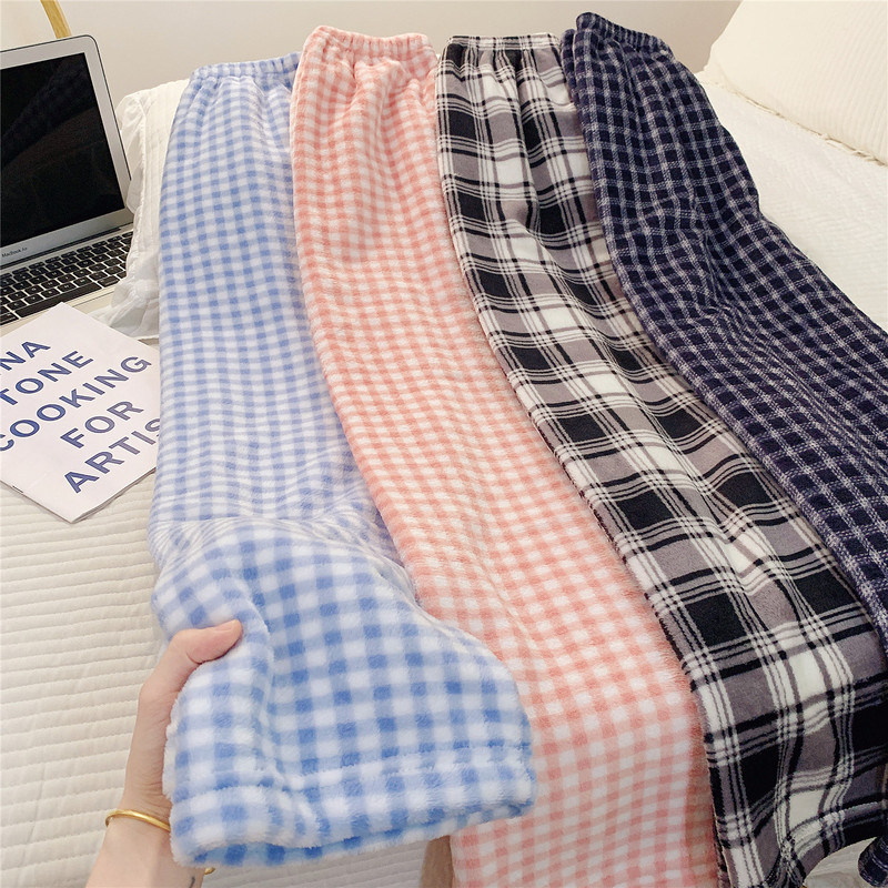 Coral Fleece Plaid Pajama Pants for Men and Women, Long Pants for Autumn and Winter, Fleece-Lined and Thickened, Can Be Worn Outside, Flannel Home Pants
