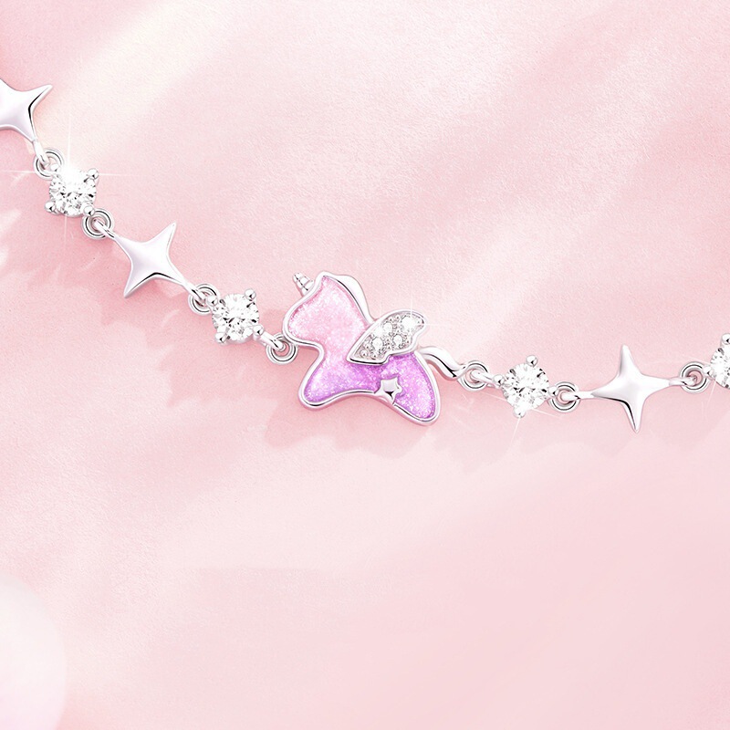 925 Sterling Silver Star Wish Unicorn Bracelet for Women, Korean Style Niche Light Luxury Exquisite Enamel Resin Jewelry Star Bracelet