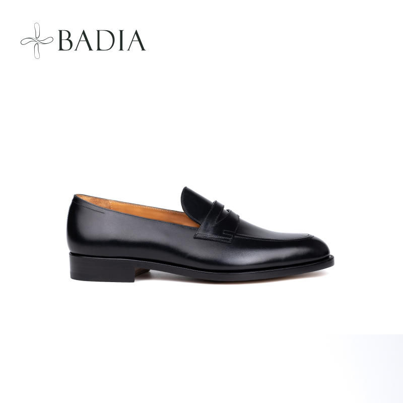 Badia Shoes Hand-Stitched Black Penny Loafers Made of First-Layer Calfskin with Leather Outsole
