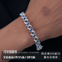 European and American blue and white full diamond Cuban personality bracelet gold-plated inlaid bracelet natural zircon fashion hip-hop trend couple