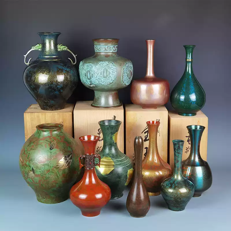 日本高岡銅器金工美術紫山刻高野良一作寿形梅和鴛鴦青銅花瓶-淘宝