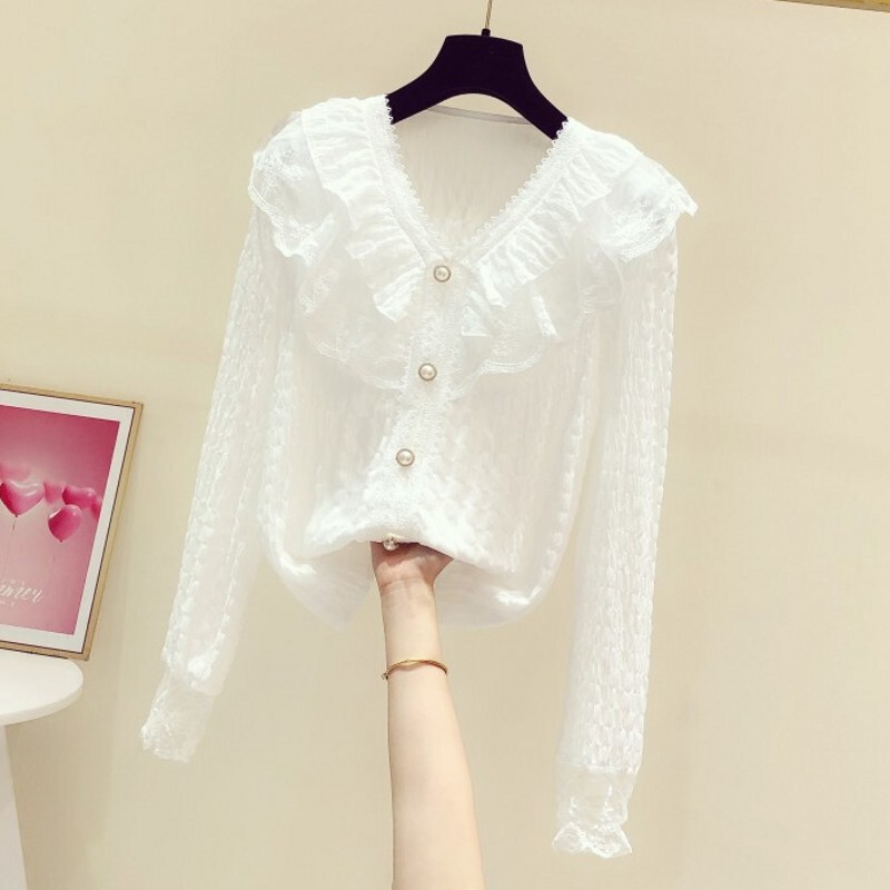2025 Spring and Autumn New Style Elegant Lace Ruffle V-Neck Chiffon Blouse Long Sleeve Shirt Women's Sweet French Top
