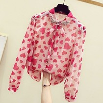 2021 Autumn New Korean fashion nail bead lace bows love long sleeve chiffon shirt women casual shirt